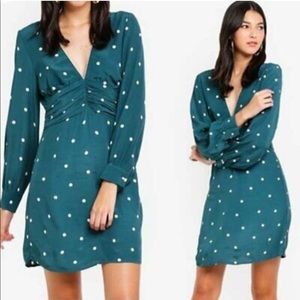 Topshop Ruched Polka Dot Long Sleeve A-Line Dress In Green